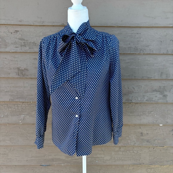 Vintage 70’s!  Secretary polka dot blouse with large bow - Picture 1 of 7